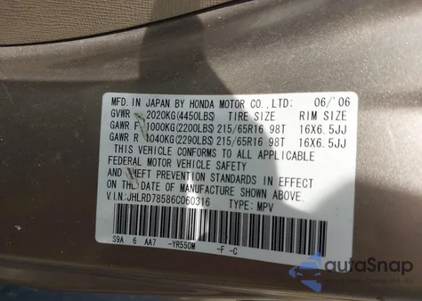 2006 Honda Cr-V Lx z USA, uszkodzony, nr VIN JHLRD78586C060316
